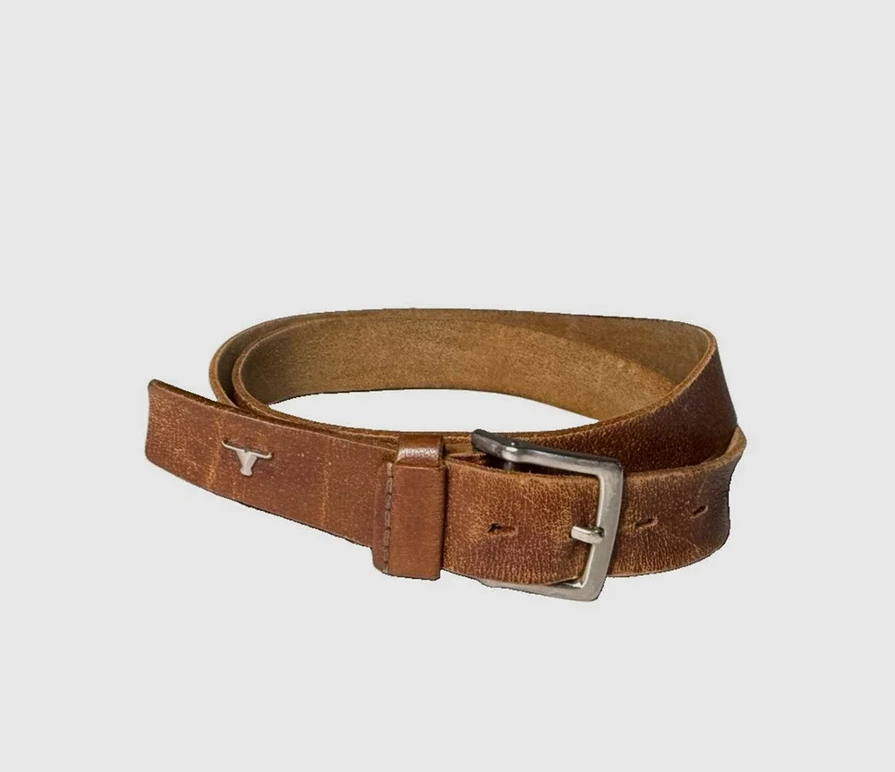 Vintage Mens Brown Leather Belt Size 42 / 44 Texas Longhorn Logo Unbranded